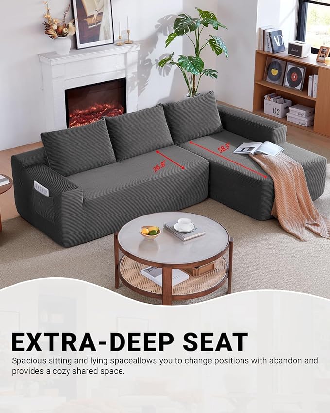 Vanress 97" Cloud Couch Sectional, Corduroy Boneless Couch with L-Shape Chaise,Modern Modular Sectional Sofa Comfy Deep Seat for Living Room, Bedroom, No Assembly (Dark Grey, Right Facing Chaise)