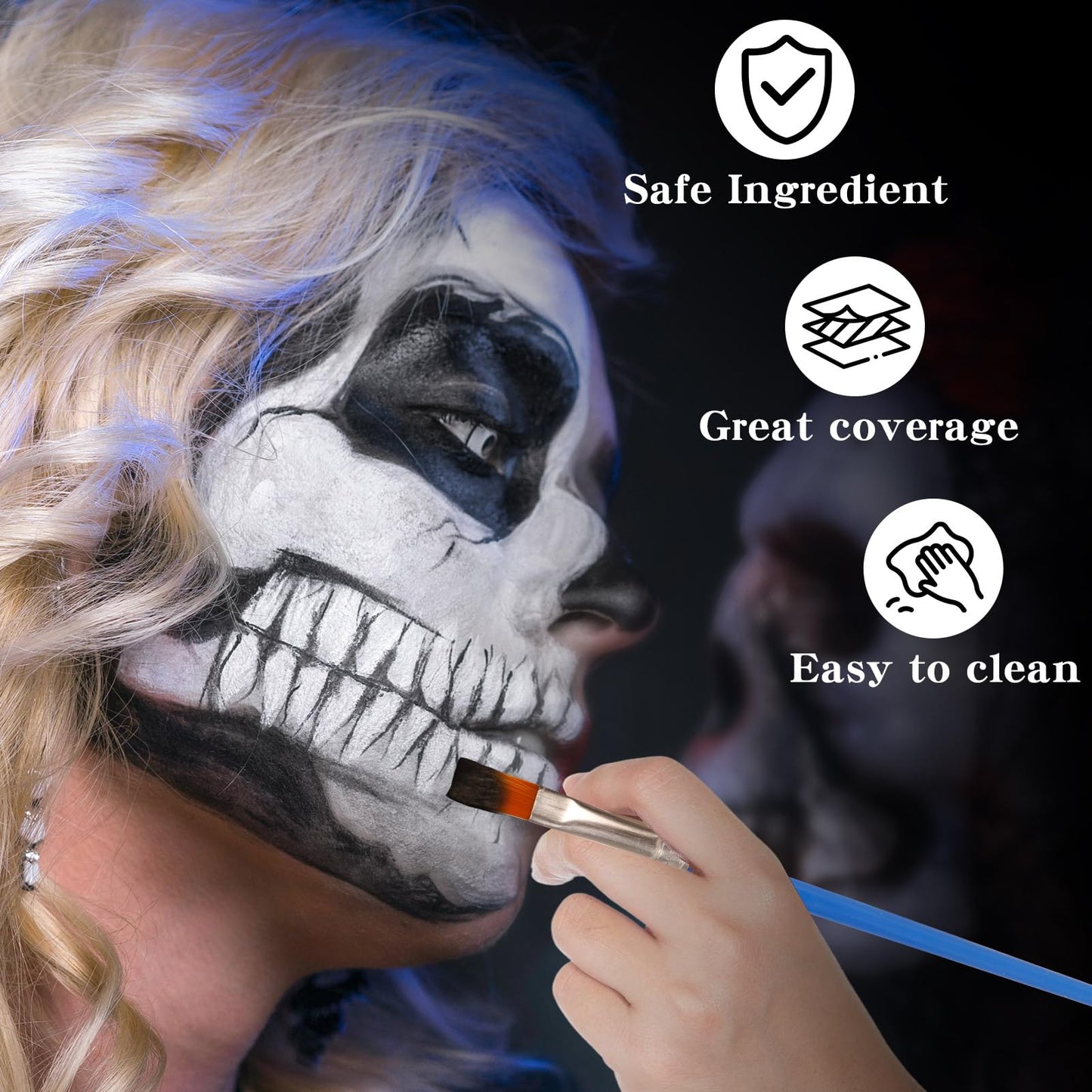 Black and White Face Body Paint with 2 Brushes and 2 Sponges, Non Toxic and High-capacity Cospaly Accessories for Kids & Adults, Art Special Effects Makeup Kit for Halloween Vampire and Clown Makeup