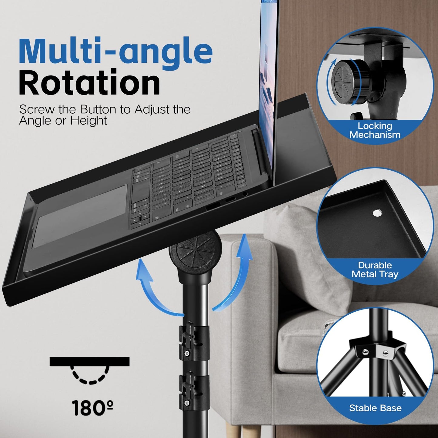 REHOSEUP Heavy Duty Projector Stand, 33LB Load Bearing & 22-55" Height Adjustable, for Projector/Laptop/DJ Gear, Outdoor/Office/Studio - Stable Base (Black)