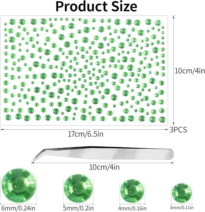 3Sheets Rhinestone Stickers for Crafts Clear Crystal Tweezers Decals Face Gems Pearls for Makeup Stick on Body 3/4/5/6MM Light Green Hair Nails Craft DIY Gems for Nails Makeup Decor 975PCS
