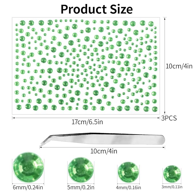 975Pcs Face Gems Hair Gems, Self-Adhesive Face Jewels Eye Jewels Rhinestones 3/4/5/6 mm DIY Face Gems Stick on, Hair Body Rhinestones Gems Crystals Pearls for Face Makeup, Crafts (gem_LightGreen)
