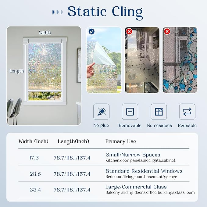 Haton Window Privacy Film Rainbow Film Stained Glass Window Clings, 3D Decorative UV Sun Blocking Sticker, Removable Static Cling Heat Control Tint for Home Door, 17.5" x 157.4" Non-Adhesive