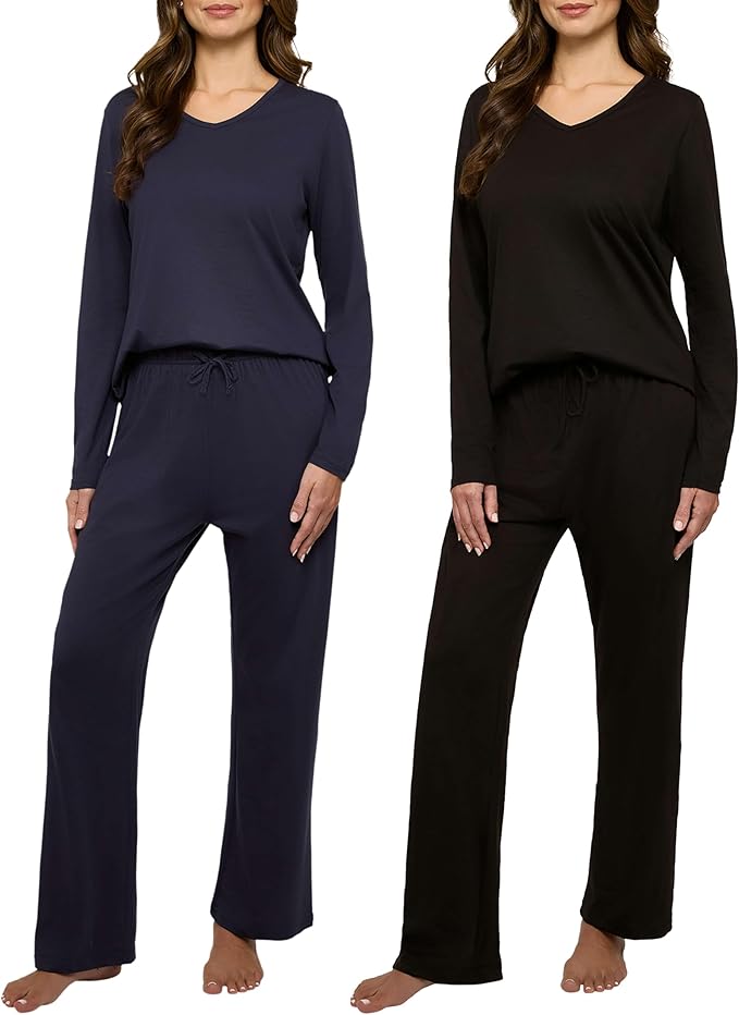 Real Essentials 2 Pack Women's Soft Cotton Long Sleeve Pajama Set with Pants - Lounge Sets for Women (Available In Plus)