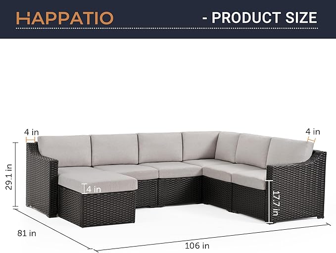 HAPPATIO 7 Piece Patio Conversation Set,Rattan Wicker Outdoor Sectional Sofa,All-Weather Patio Furniture Set,Multiple Combination Sofa. Patio sectional Set for Patio and Balcony.(Brown/Gray)