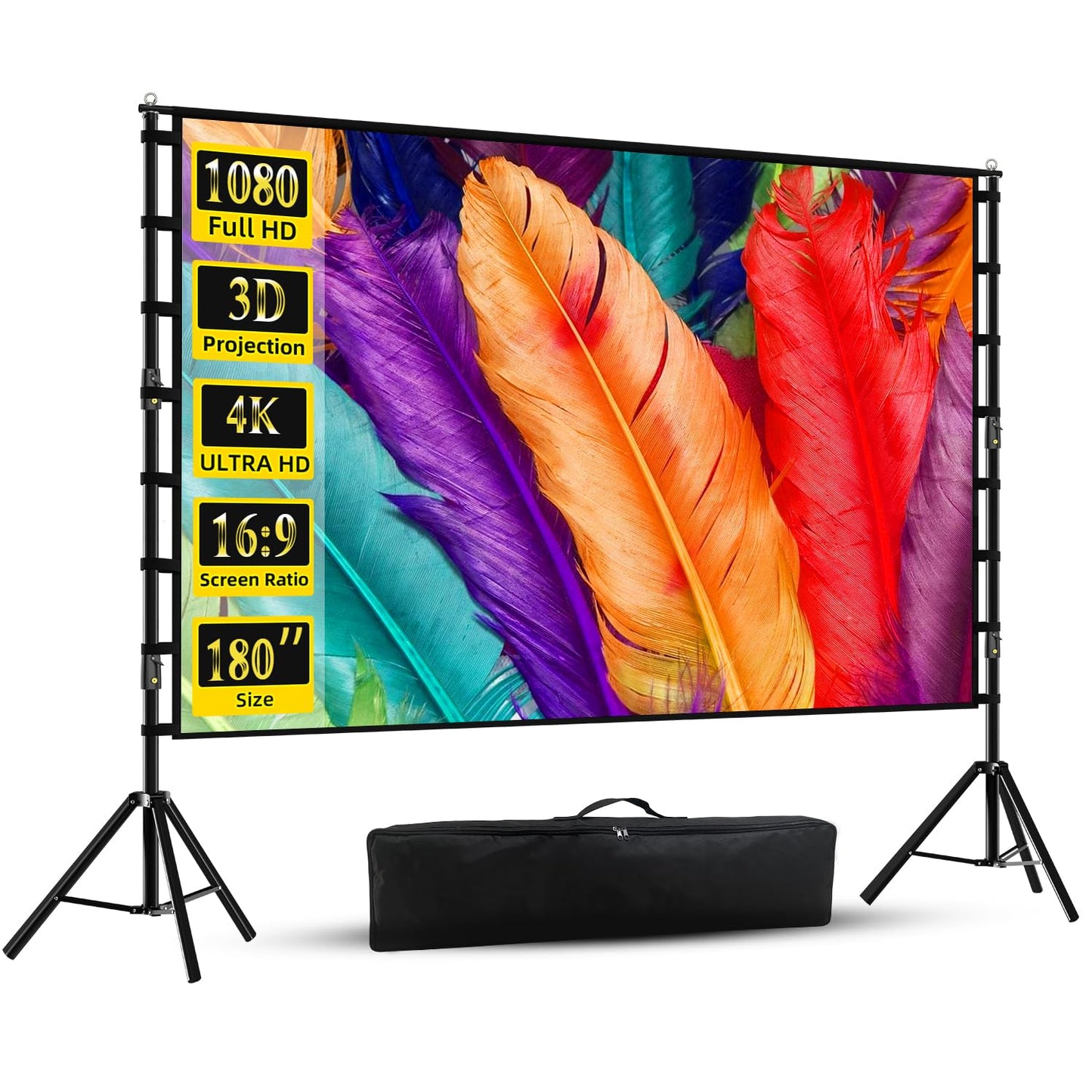 Projector Screen with Stand, Wootfairy 180 inch Portable and Foldable Projection Screen 4K HD 16:9 Rear Front Wrinkle-Free Movie Screen with Carry Bag for Indoor Outdoor Home Theater Backyard Cinema