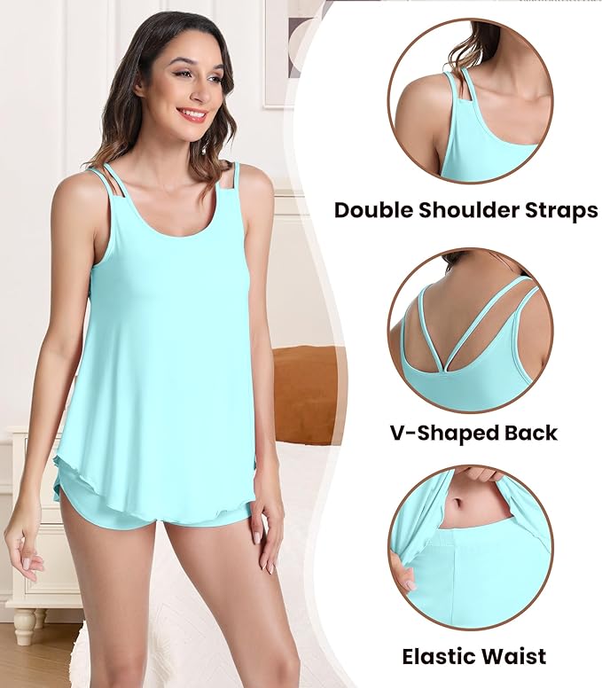NACHILA Pajamas for Women-Viscose from Bamboo, Ribbed Racerback Tank Top Sexy Split Shorts Pajama Sets Cooling Sleep Cami Pjs