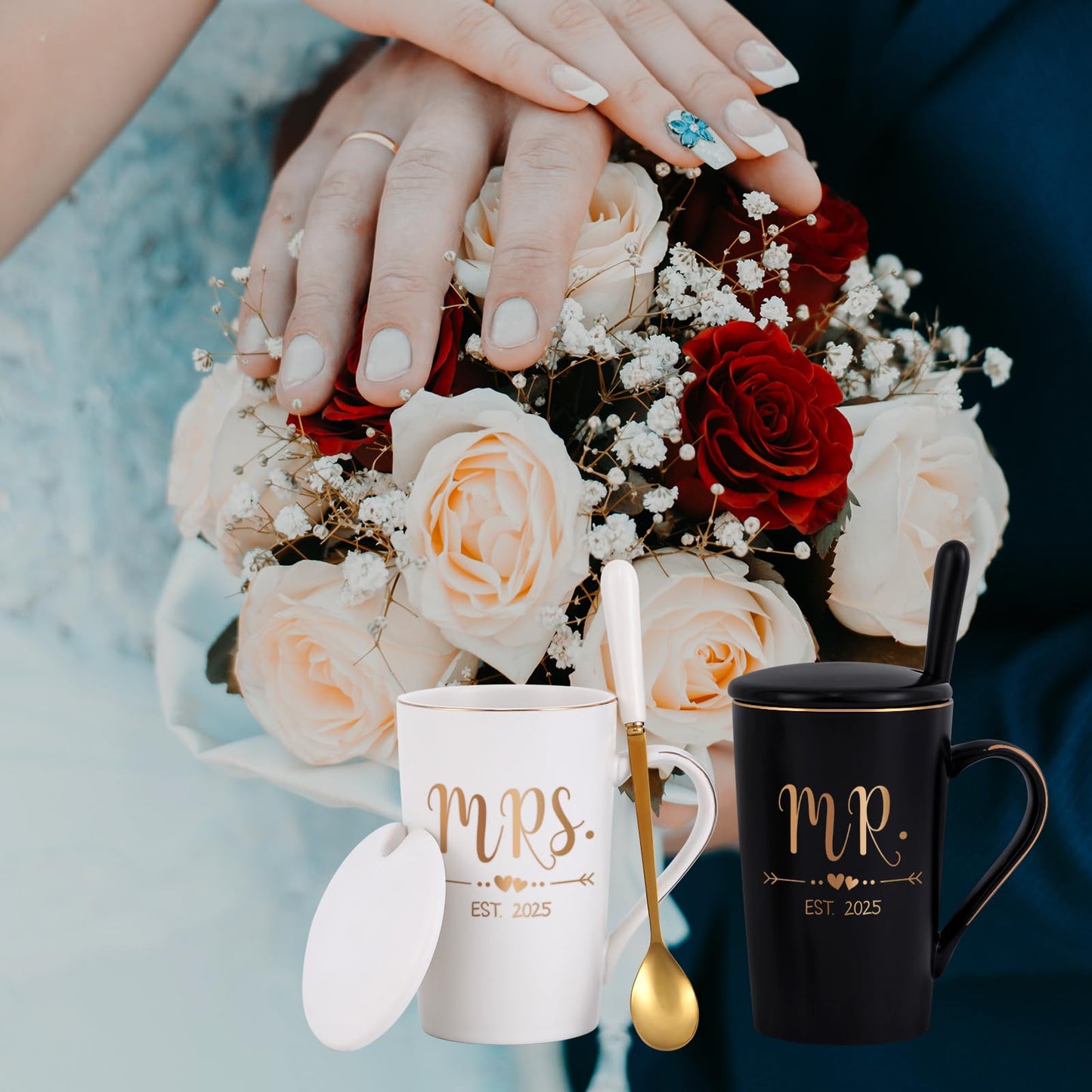 Cabtnca Wedding Gifts, Mr And Mrs Gifts, Engagement Gift for Couples 2025, Mr And Mrs Est 2025 Mug Set, Wedding Registry Bridal Shower Gift, 14 Oz Black & White