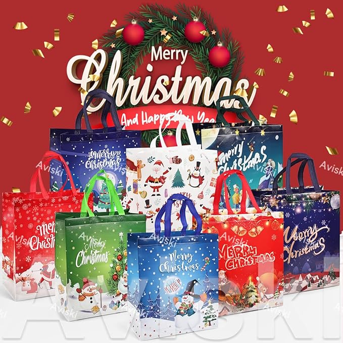 8PCS Christmas Gift Bags, Non-Woven Treat Tote Large Christmas Bags with Handles for Gifts Wrapping Shopping, Xmas Party Supplies, 15"×13.8"×5.9"