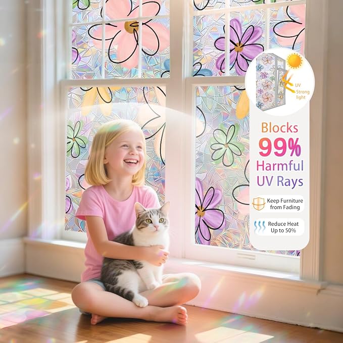 Daisy Flower Stained Glass Window Film Static Cling with Tools - 35.4 x 157.4 Inch Non-Adhesive Privacy Decorative Cute Rainbow Film for Windows, Doors, Sidelights - Easy Install & Remove