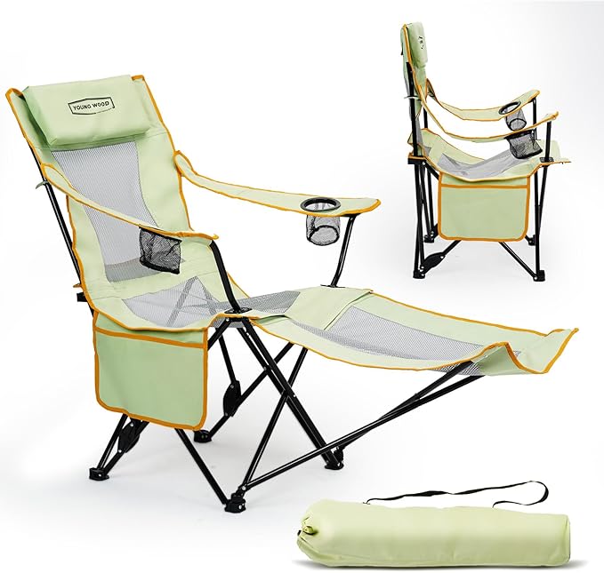 YOUNG WOOD Camping Lounge Chair, Portable Reclining Camping Chair with Foot Rest, Folding Camping Chair for Adults, Headre...