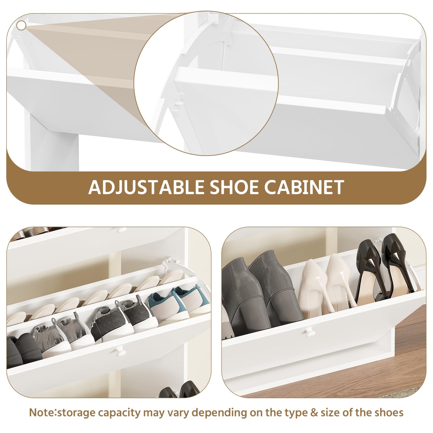 YMBSBUY Shoe Cabinet with 3 Flip Drawers, Narrow Shoe Cabinet with 9 Hooks Coat Rack, Freestanding Shoes Storage Cabinets with Adjustable Shelves for Entryway, Hallway, Living Room, White