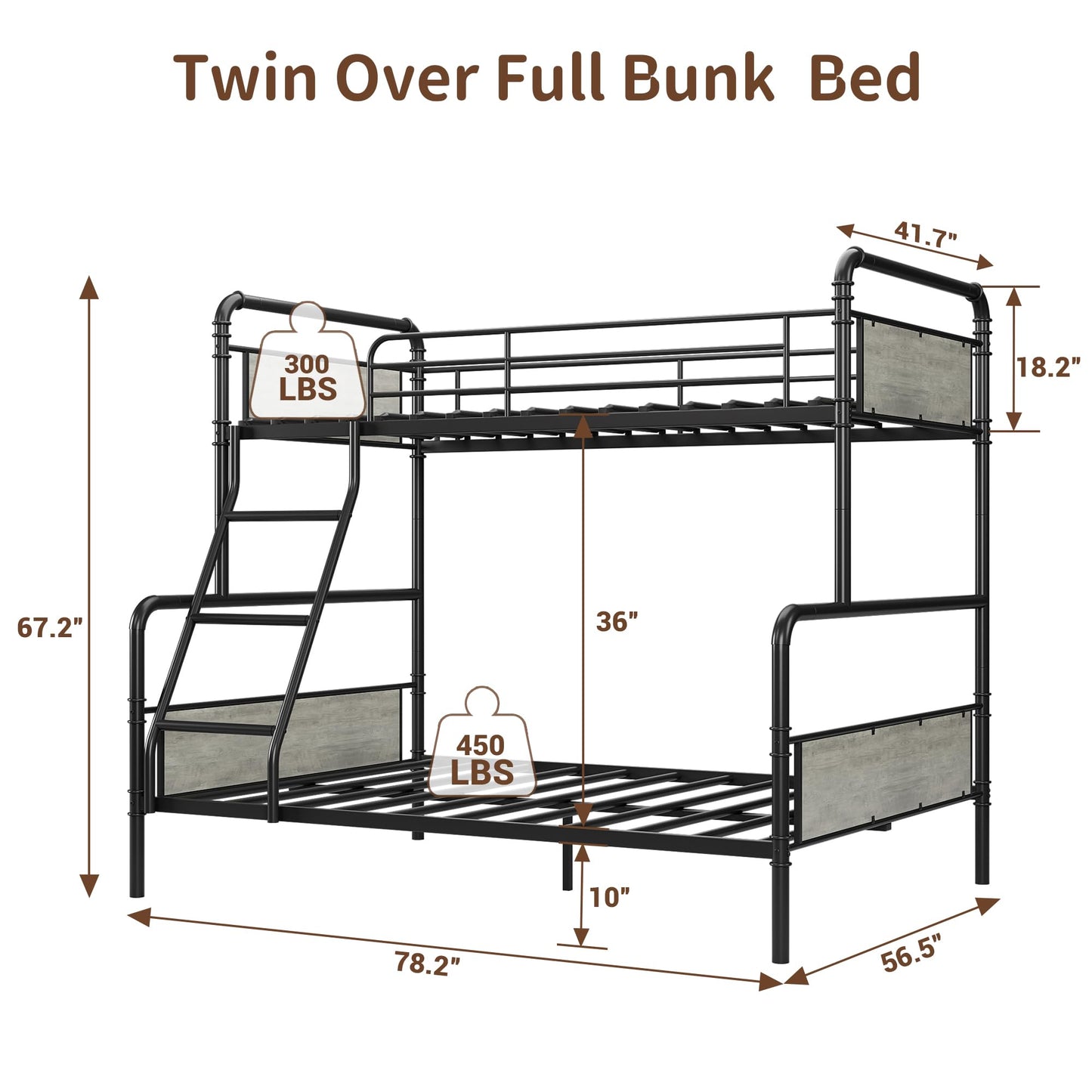 GarveeHome Metal Bunk Bed Twin Over Full Size with Angled Ladder, High Guardrail, Heavy Duty Bunk Bed Frame with Metal Slats, Smooth Rounded Edges, for Kids, Teens, Adults, Black+Grey