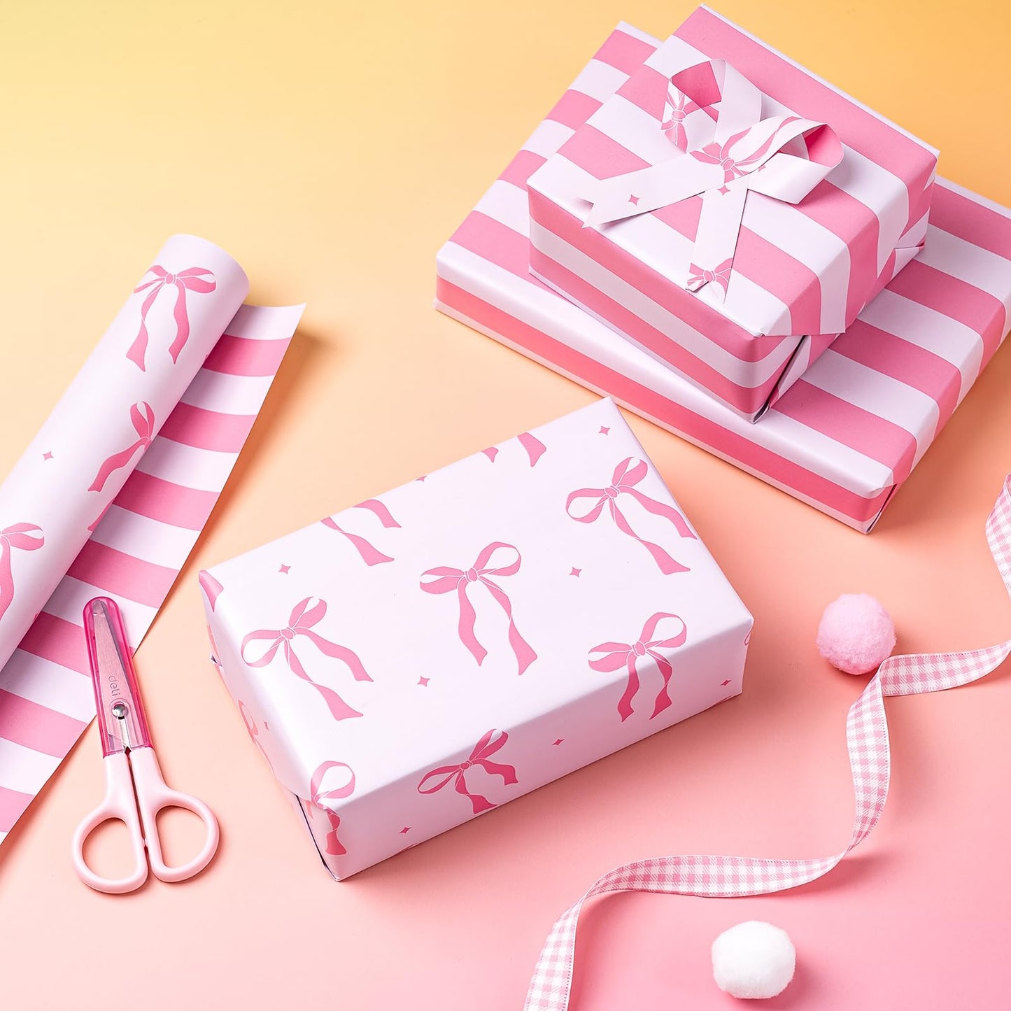 WRAPAHOLIC 30 Inch Jumbo Reversible Pink Bow Wrapping Paper Roll - 30 Inch x 33 Feet - Pink Ribbon Bow and Stripes Design Perfect for Girls Birthday, Baby Shower, Bachelorette Party