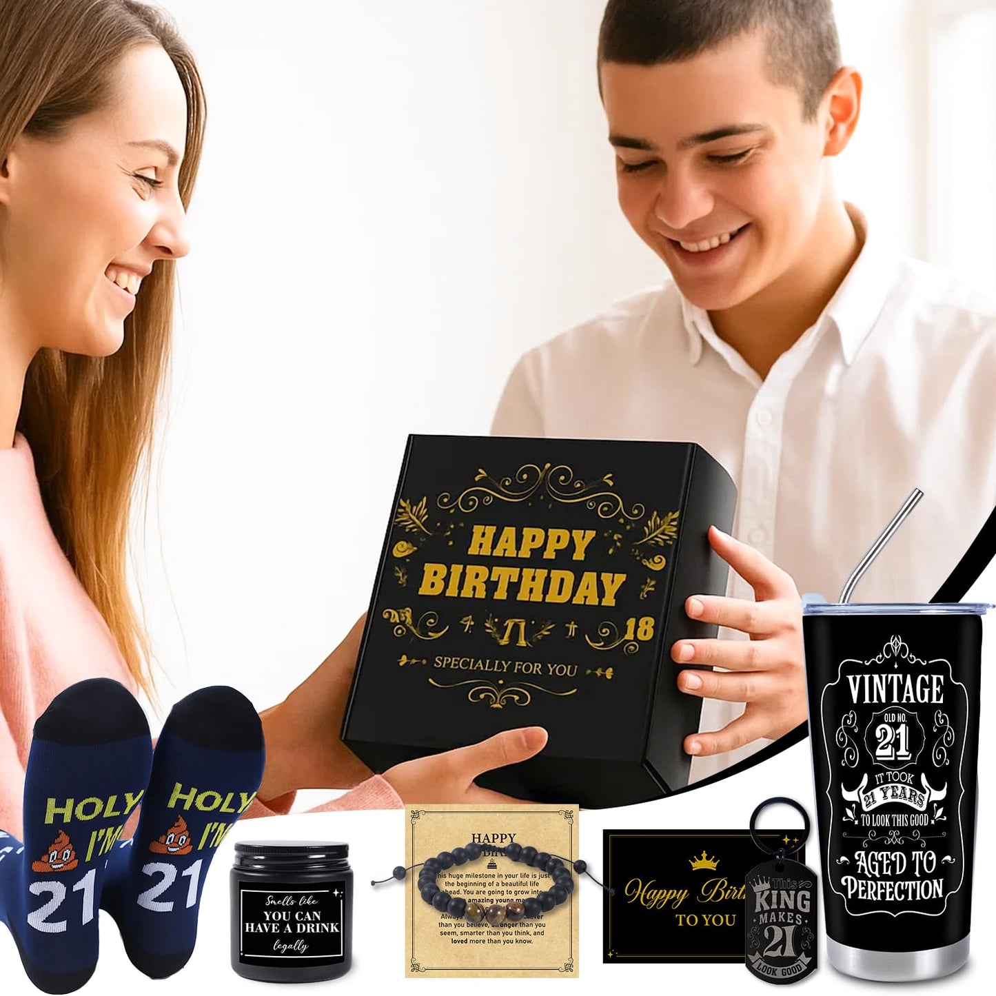 Keluna 21st Birthday Gifts for Him - 6Pcs 21 Year Old Male Birthday Gifts Ideas, 20oz Tumbler, Funny Socks, Keychain, Bracelets, Candles, 21st Presents for Son Grandson Nephew Brother from Mom Dad