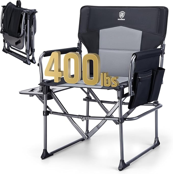 EVER ADVANCED Camping Directors' Chair with Side Table, Portable Folding with Compact Size, Heavy Duty Lawn Chair with Poc...