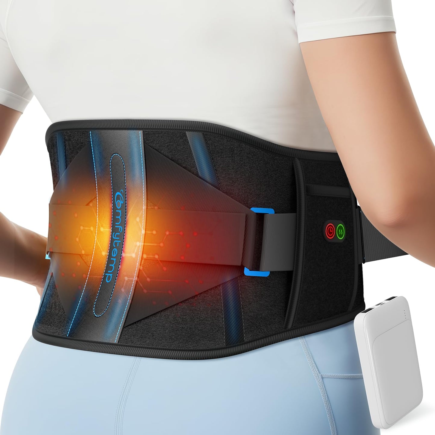 Comfytemp Cordless Heating Pad with Back Brace for Lower Back Pain Relief, Portable Wireless Heated Waist Belt Rechargeable Lumbar Support, 3 Heat 3 Timer, Birthday Gift for Men Women, 52"(No Massage)