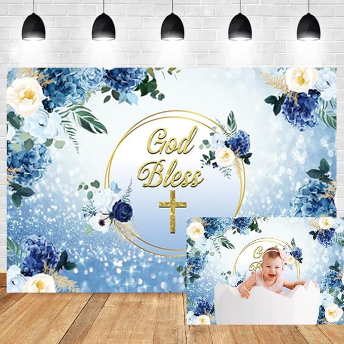 OERJU 10x6.5ft God Bless Backdrop Blue Floral Flowers First Holy Communion Photography Background Baptism Christening Boys...