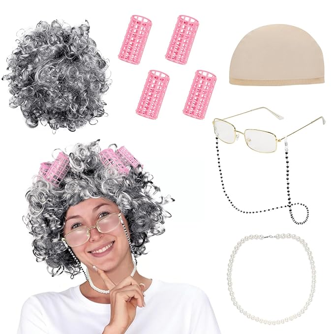 WOVOWOVO Old Lady Costume for Women,Grandma Costume Curly Grey Wig Set,Wig Caps,Madea Granny Glasses, Eyeglass Retainer Ch...