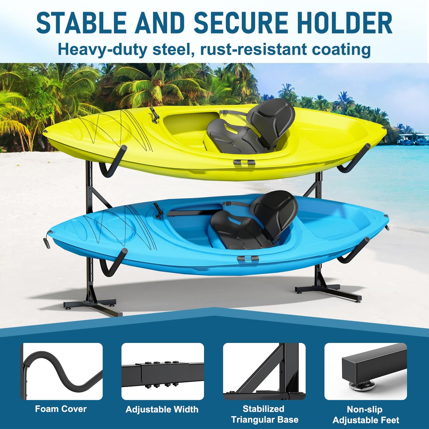 LXVOOEE Kayak Storage Rack, Heavy Duty Freestanding Kayak Rack for 2 Kayaks, Canoe, Surfboard and Paddle Board Adjustable Kayak Hanger Holder with Padded Arms for Indoor Outdoor Garage, S-Shape