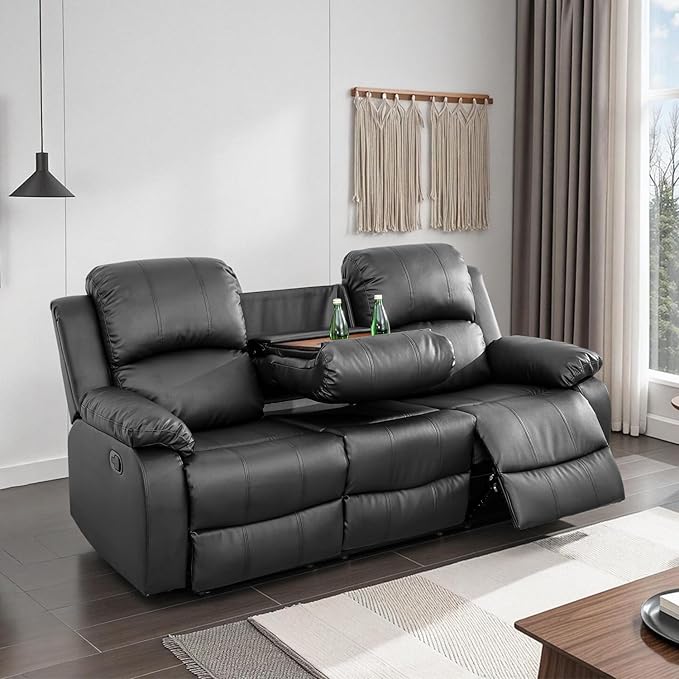 Caberryne Leather Recliner Sofa，Reclining Sofa for Living Room Furniture Sets，Black Wall Hugger Recliner Couch with Cupholder for Living Room/Office/Theater Seating(3 Seater Sofa)
