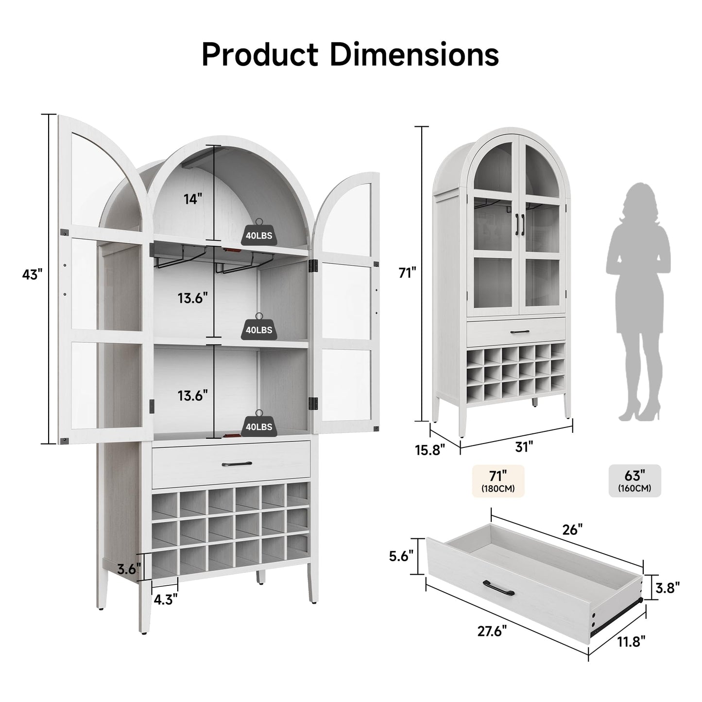 ONBRILL 71" Tall Wine Bar Cabinet, Arched Storage Cabinets with Door, Whiskey Station with Wine Rack and Glass Holder, Liquor Bar Cabinet for Home Kitchen Living Dining Room (Off White)