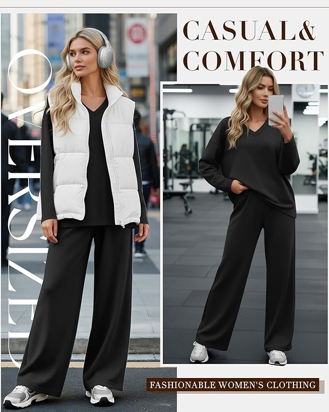 JoyMotion 2 Piece Women's Sweatsuit, V Neck Oversized Tracksuit Wide Leg Pant Fall Lounge Set Long Sleeve Sweatshirts Outfit