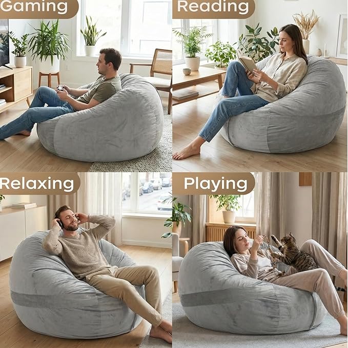 YuppieLife Large Foam Filled Bean Bag Chairs for Kids Teenagers Adults Living Room Gaming Relaxing 4F Machine Washable Lazy Sofa（Silver Grey