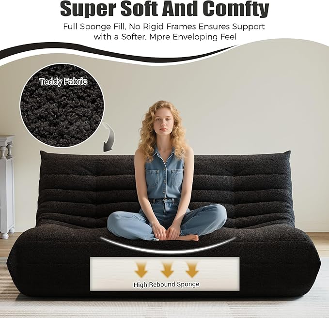 Selyteramy Bean Bag Chairs for Adults, Giant Bean Bag Chair Sofa with Memory Foam, Black, 3 Seat