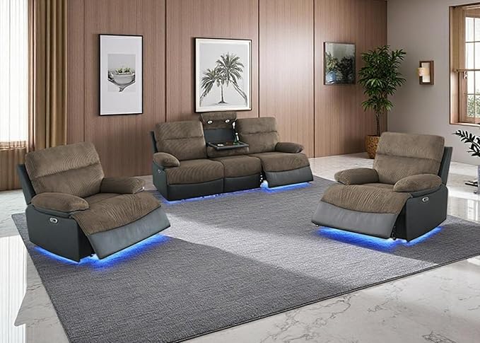 Toseslo Living Room Furniture Sets, Power Recliner Sofa Set, Leather Sofa and 2 Chairs Set, Modern Power Reclining Sets with Cup Holder/Storage Console for House, Brown Grey