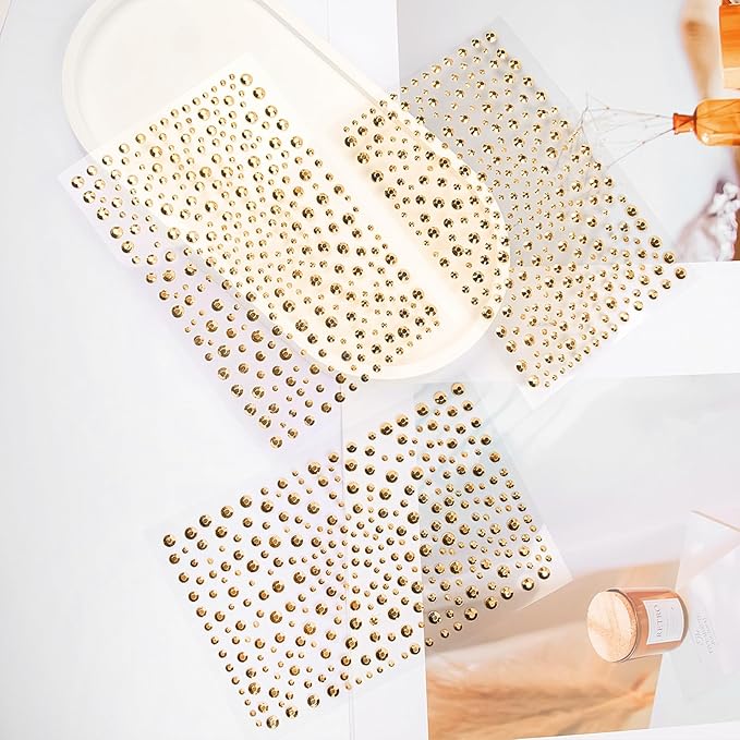 Self Adhesive Face Gems and Pearls for Makeup, Festival Jewels, Hair Gems, Rhinestone Stickers for Face, Eye, Makeup, Nail, Body, Crafts 3/4/5/6 mm 975Pcs (25.gem_Gold)