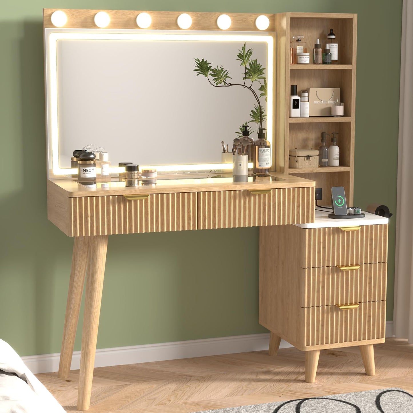 SFDOU 43" Fluted Makeup Vanity Desk with 32" Mirror and Lights, Modern Glass Top Large Vanity Table with 5 Drawers and 3 Storage Shelves, Dressing Table Set with Charging Station for Bedroom-Gray