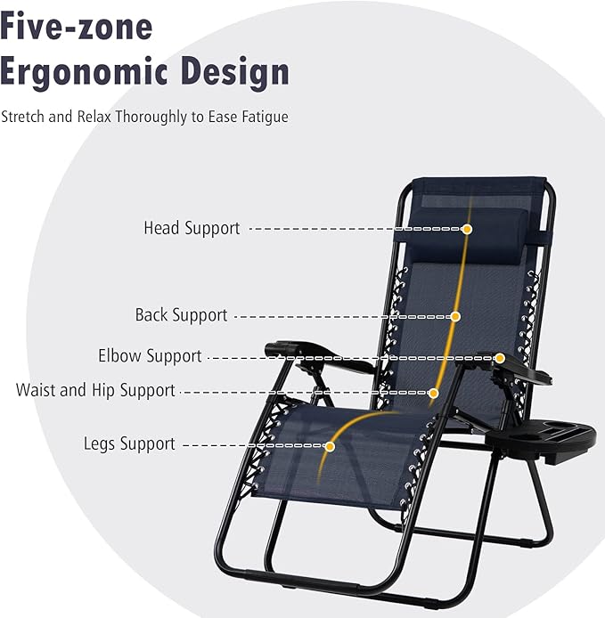 Tangkula Set of 2 Zero Gravity Chair, Folding Patio Lounge Chair Adjustable Outdoor Recliner with Cup Holder, Wide Armrest for Patio Garden Poolside Outdoor Yard Beach, Support 350 lbs (2, Navy Blue)