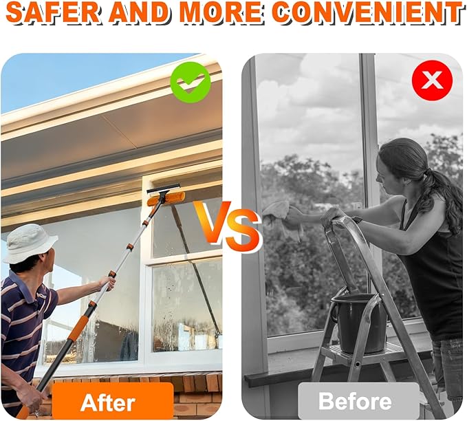 20FT Reach Window Squeegee with Extension Pole, 2-in-1 Professional Window Washing Kit for Home, Indoor Outdoor Squeegee with Rotatable Head for High Windows