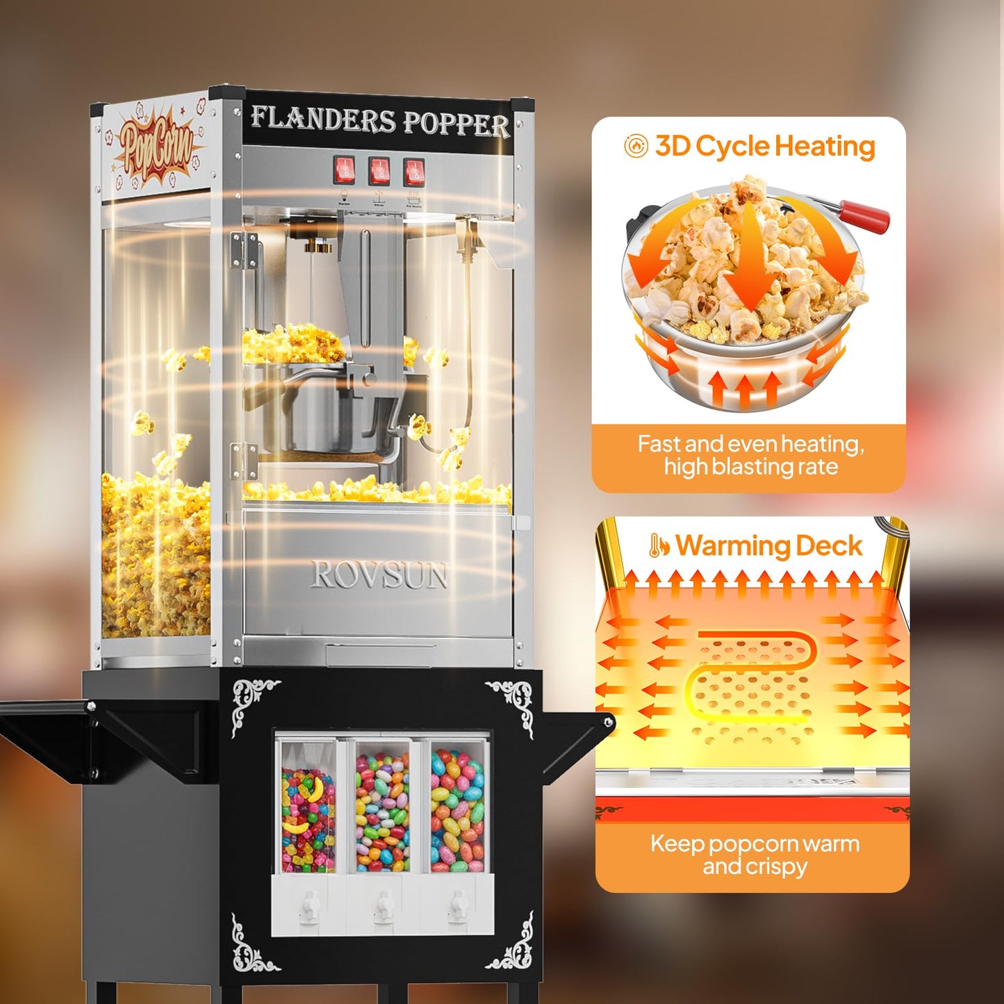 ROVSUN Popcorn Machine Cart with Candy Dispenser, 10 Oz Kettle Makes Up to 4 Gallons ETL, Popcorn Maker w/Scoop, Oil Spoon, Bags & Cups, Movie Theater Style Popper for Commercial Home Party, Black