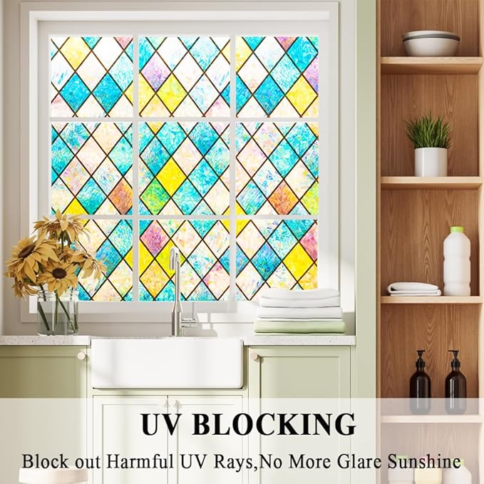 Colorful Stained Glass Window Film 3D Prism Sliding Door Privacy Covering Static Cling Church Tint Decorative Suncatcher Cover Decal No Glue Heat Cotrol Anti Glare Removable Home Office,35x157in.