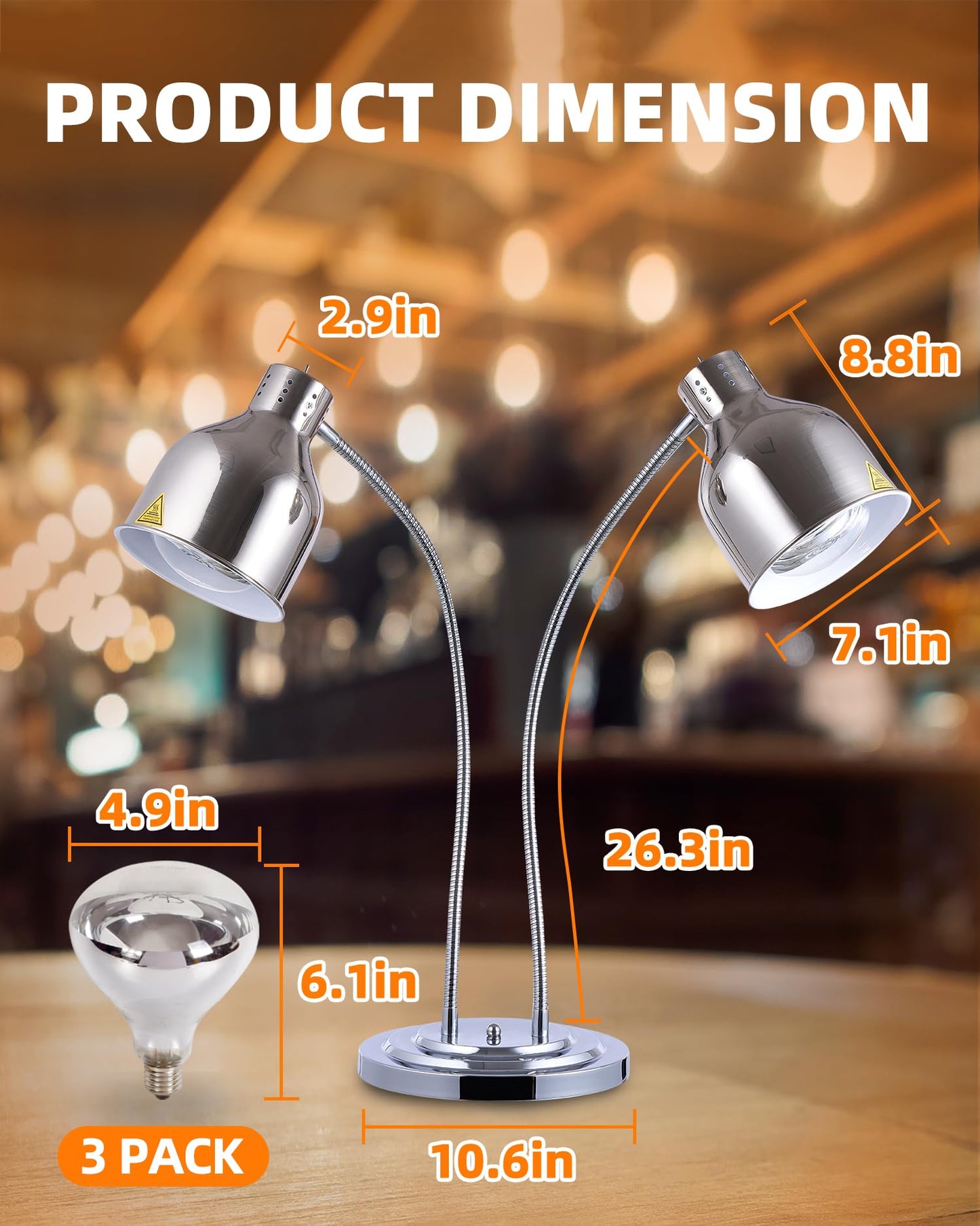 Food Heat Lamp: [Rapid-Heating Bulbs Included] [Steady Heating] Commercial Food Warmer Lamp, Electric Heat Lamp for Food Catering Food Warming Lamp for Buffet Parties (Polished Silver, 32" (2-Head))