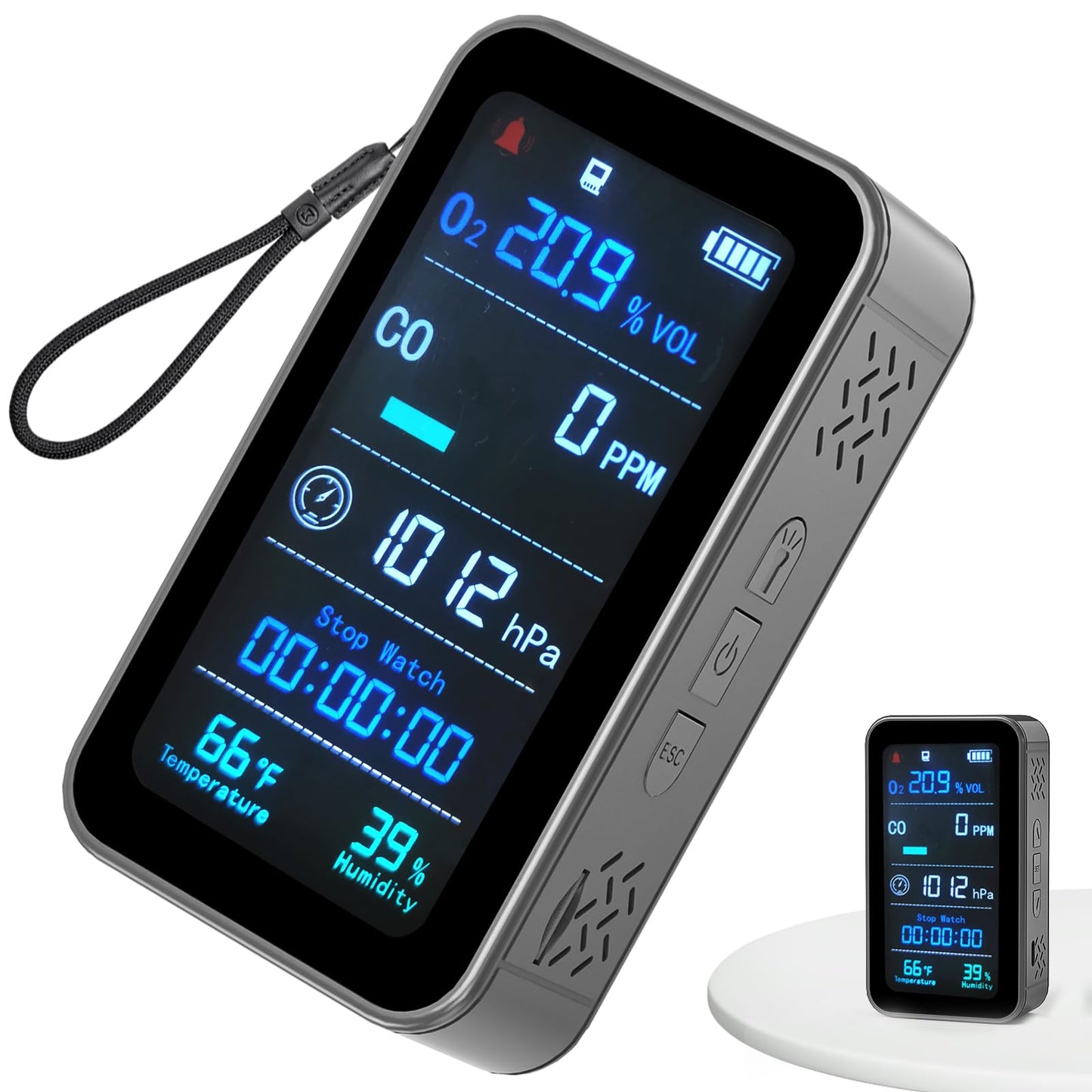 Portable Carbon Monoxide Detectors for Travel | 7-in-1 O2/CO Alarm with Air Pressure | Temperature, Humidity Sensors & 230-Hour Standby | Room Oxygen Monitor for Home, Hotel, Camping, RV