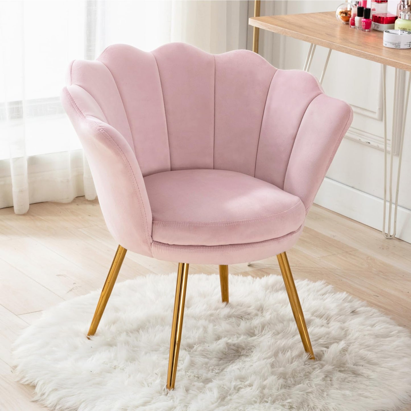 chairus Chair, Mid Century Modern Retro Leisure Velvet Accent Chair with Golden Metal Legs, Vanity Chair for Bedroom Living Room Dresser, Upholstered Guest Chair(Light Pink)