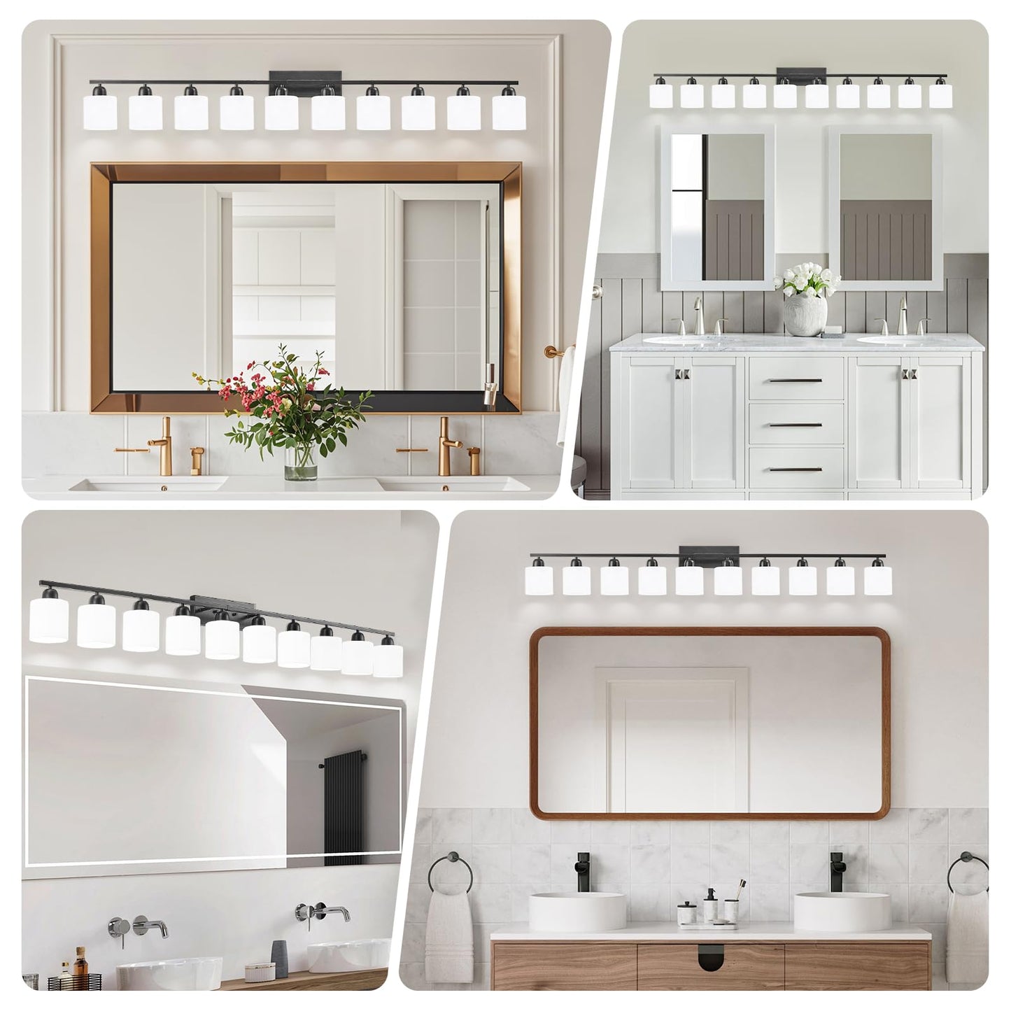 10 Light Black Vanity Lights for Giant Mirror, Bathroom Vanity Lights Over Mirror with Milky White Frosted Glass Shades,65 inch Bathroom Light Fixture for Mirrors, E26