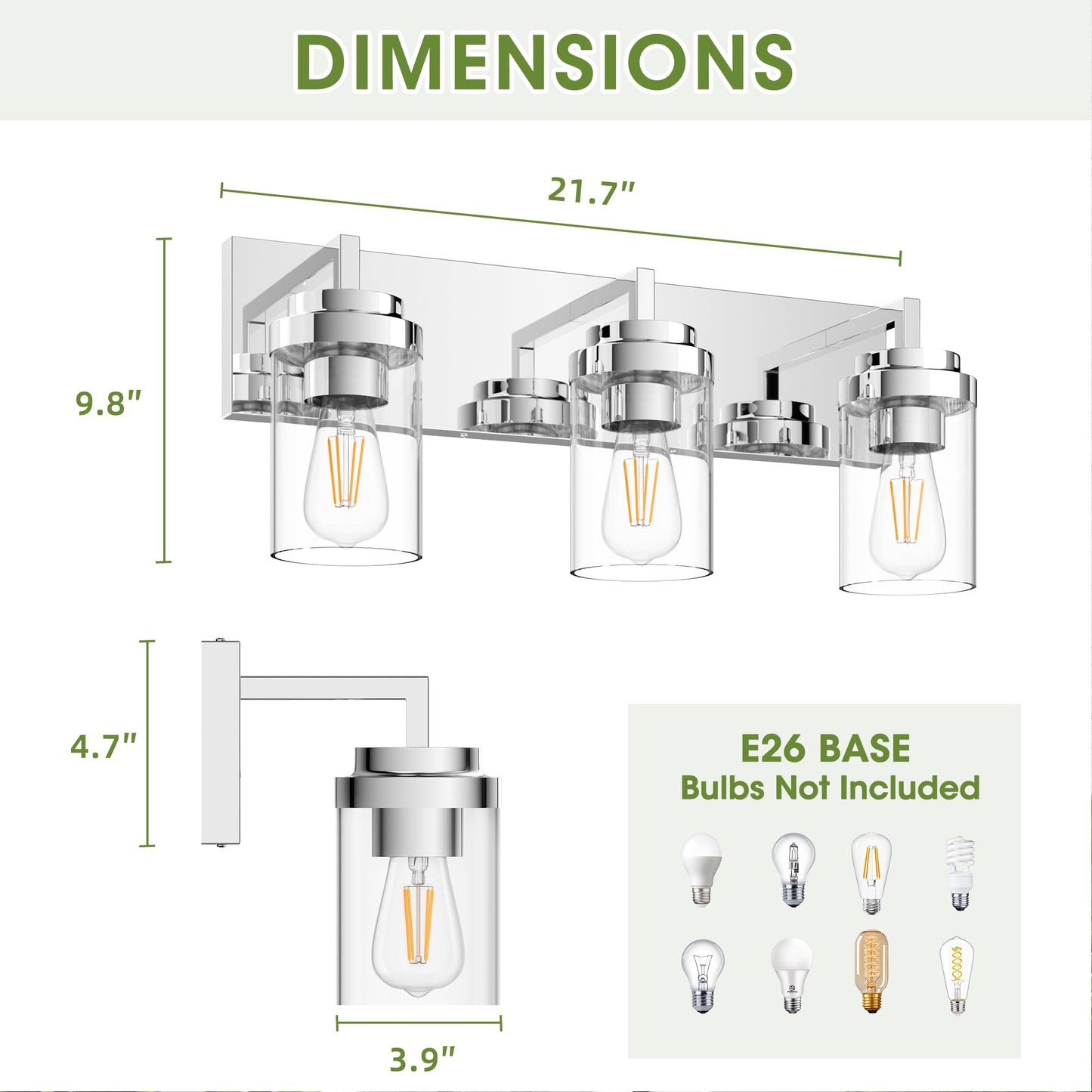 Espird Chrome Light Fixtures, 3 Light Bathroom Vanity Light with Clear Glass Shade, 22in Modern Vanity Light, Bathroom Lighting Fixtures Over Mirror for Living Room