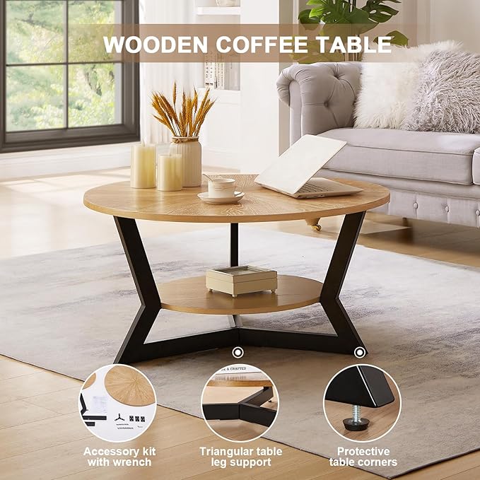 Gravilithic Round Wood Coffee Table for Living Room, 2-Tier Rustic Circle Coffee Table with Storage, 35”x 17” Real Wood Desktop with Metal Frame, Radial Pattern