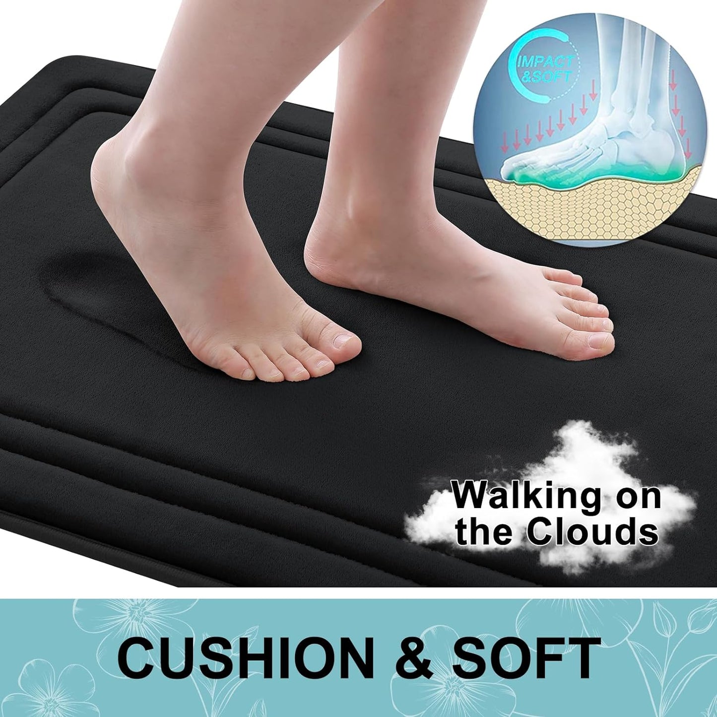 Grandaily Memory Foam Bath Mat Rug 47x17, Ultra Soft, Non-Slip and Absorbent Bathroom Rugs, Machine Wash Dry, Comfortable Bath Carpet for Bathroom Floor, Tub and Shower, Black