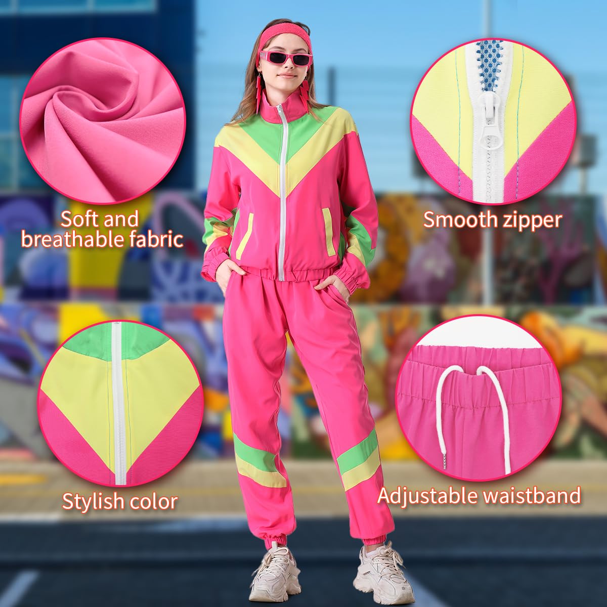 Coseaon 80s Tracksuit for Women Retro Windbreaker Outfit 90s Color Block Sportswear Set with Jacket Sweatpants (Pink, XL)