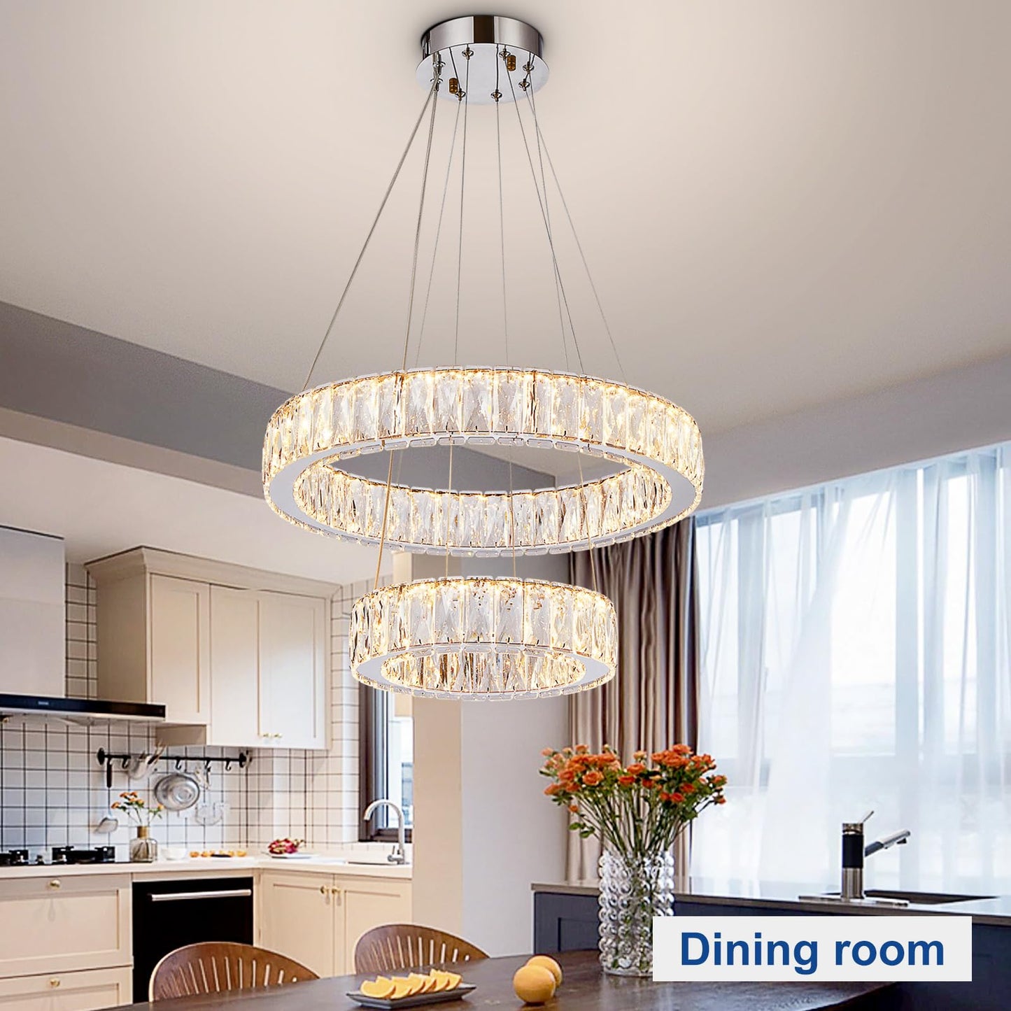 Depuley Modern LED Crystal Chandelier: 11.8" + 19.7" Rings Dimmable Pendant Light Adjustable for Dining Room - 42W Double-Decker Round Crystal Chandeliers for Bedroom Living Room Porch Foyer