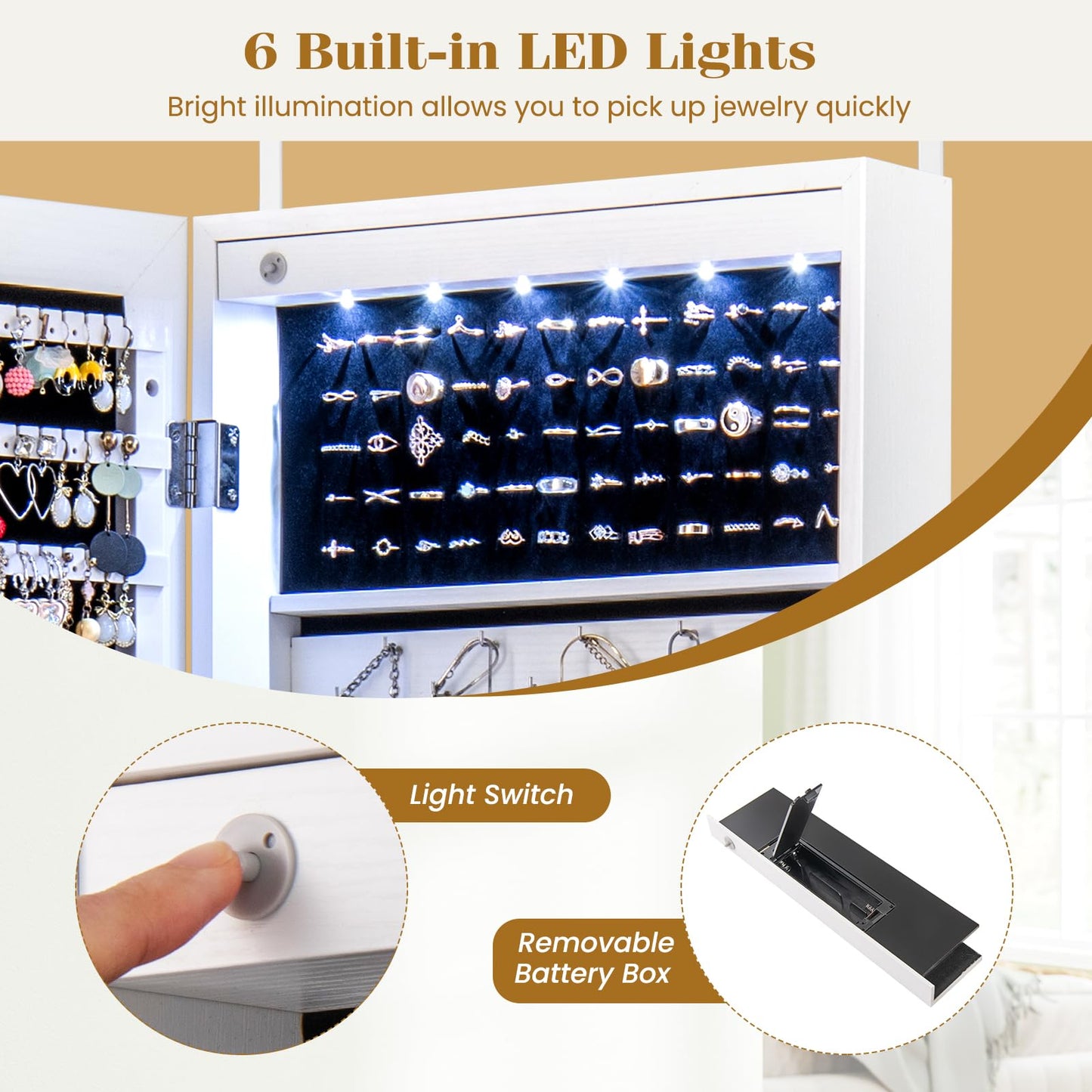 NAFORT 15 LEDs Full Length Mirror Jewelry Cabinet, Jewelry Armoire with Mirror 5 Shelves and 2 Drawers, Door/Wall Mounted Jewelry Mirror with Storage, Over the Door Jewelry Organizer