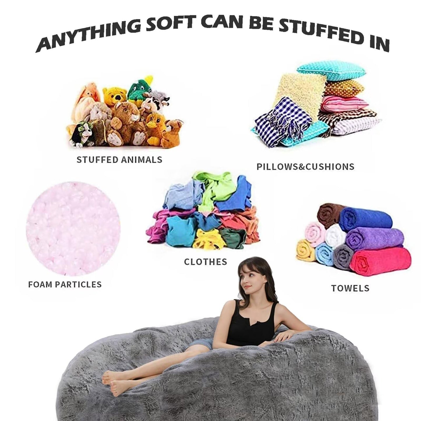 BCU 6FT Bean Bag Chair for Adults and Kids Without Filler Giant Stuffed Animal Storage Cover Soft Faux Fur Floor Chair Cover for Bedroom Living Room, Grey
