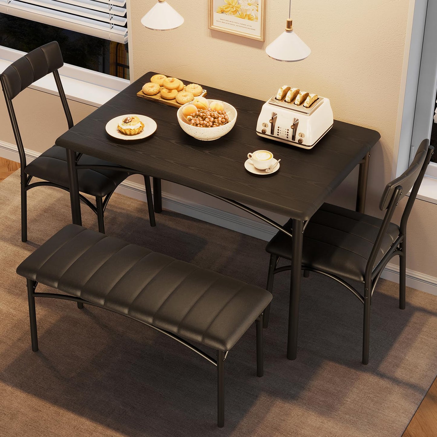 SLEKVERSA Dining Table Set for 4, Small Dining Table Set with Upholstered Bench and 2 Chairs, Kitchen Table and Chairs for 4, for Small Space, Apartment, Dinner, Rustic Black