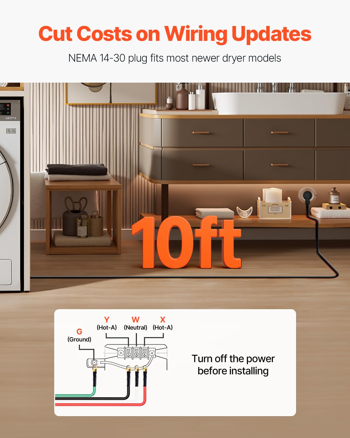 Vevor 10 Ft Dryer Power Cord, 4-Prong Nema 14-30P Appliance Dryer Cord With Eyelet Connectors, 125V/250V, Sdrt 10Awg/4C, 30A, Pu