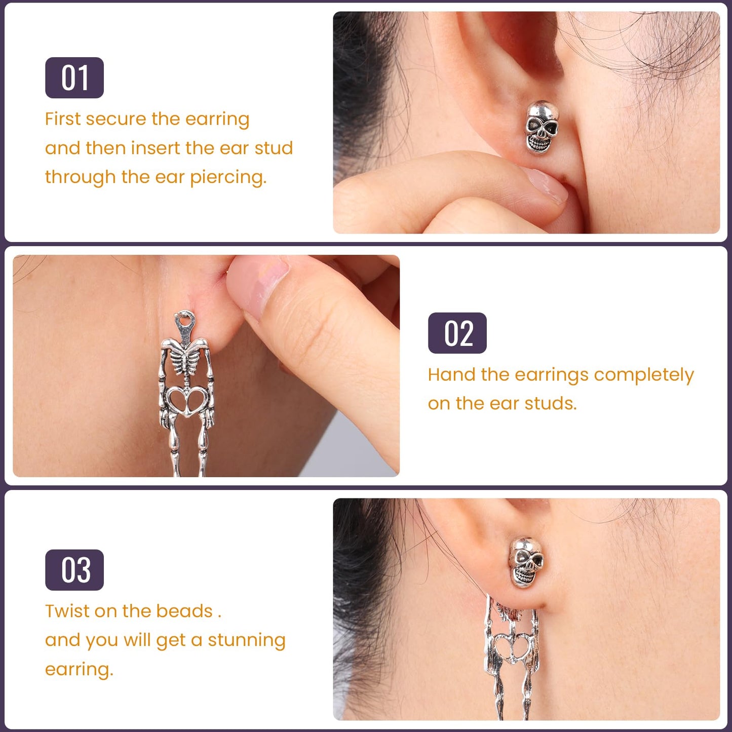Jaisie.W Halloween Earrings - Silver Skeleton Skull Dangle Earrings (1Pair)