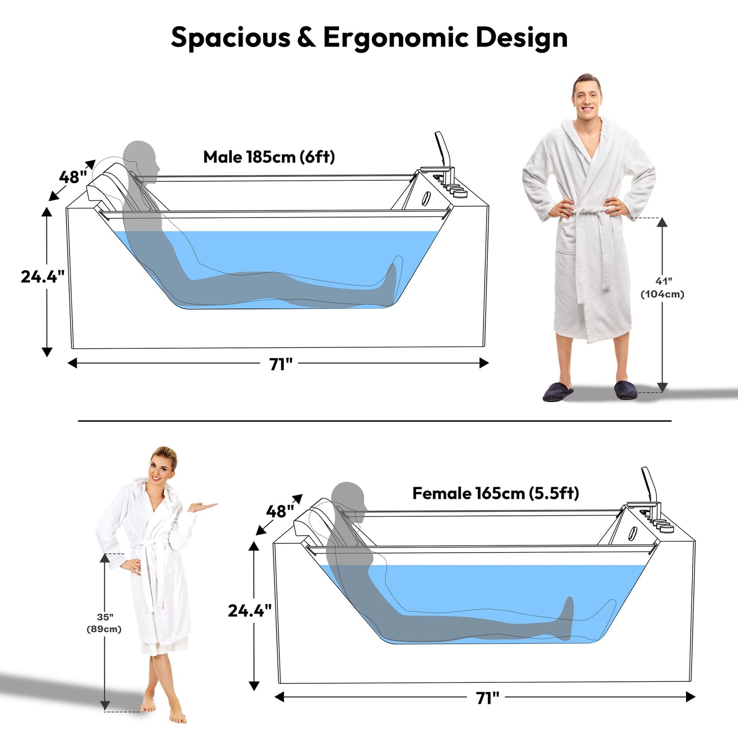 Empava PRO Series 71"x48" Whirlpool Tub | Heated Bubble Spa for 2 with Thermostatic Control & Chromotherapy | Acrylic Freestanding Soaking Bathtub, White (ETL Certified)
